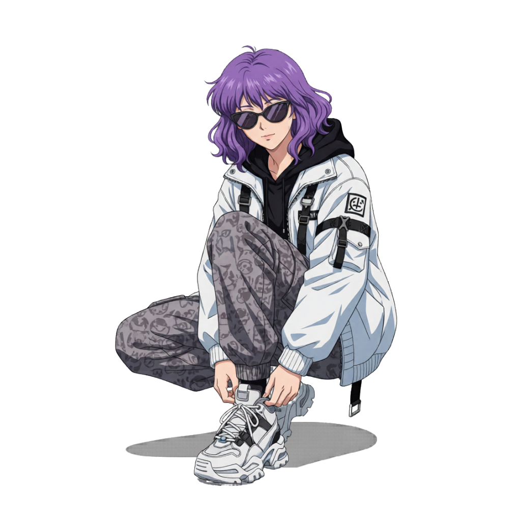 Athena creator character — standing pose with bomber jacket